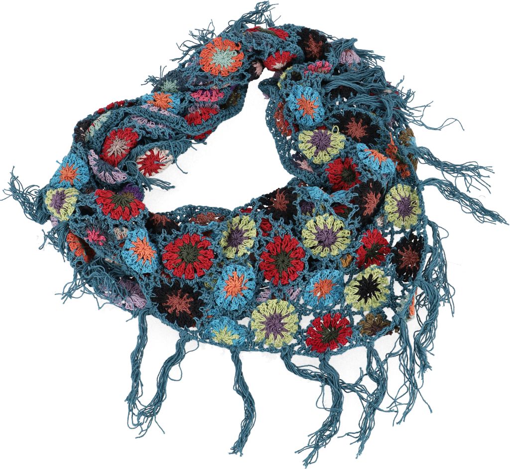 Häkelstola, Hippie Blümchen Häkelschal, Dreieckstuch - Petrol, Uni, Blau, Baumwolle, 80*160 cm, Schals