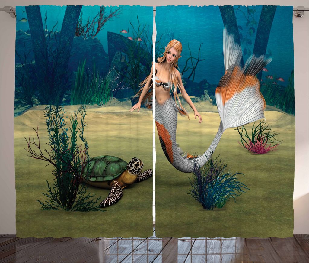 ABAKUHAUS Bunt Rustikaler Vorhang, Mermaid Turtle Ozean, Wohnzimmer Universalband Gardinen mit Schlaufen und Haken, 280 x 245 cm, Mehrfarbig