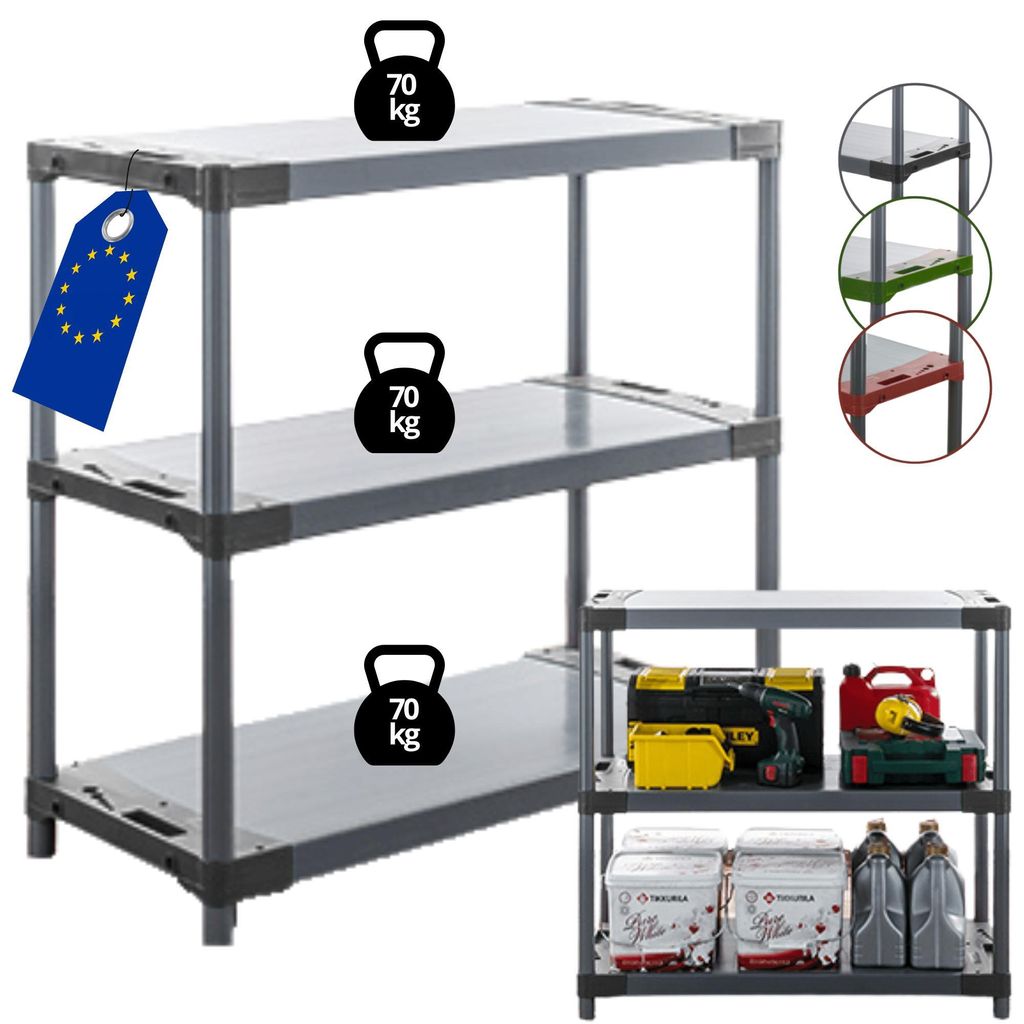 MODO24 Kunststoffregal, 3 Ablagen, 70kg/Boden, Schwerlast, Steckregal, Lagerregal, Plastikregal, Werkstatt, 98x150x46?cm, Grau, JUPITER