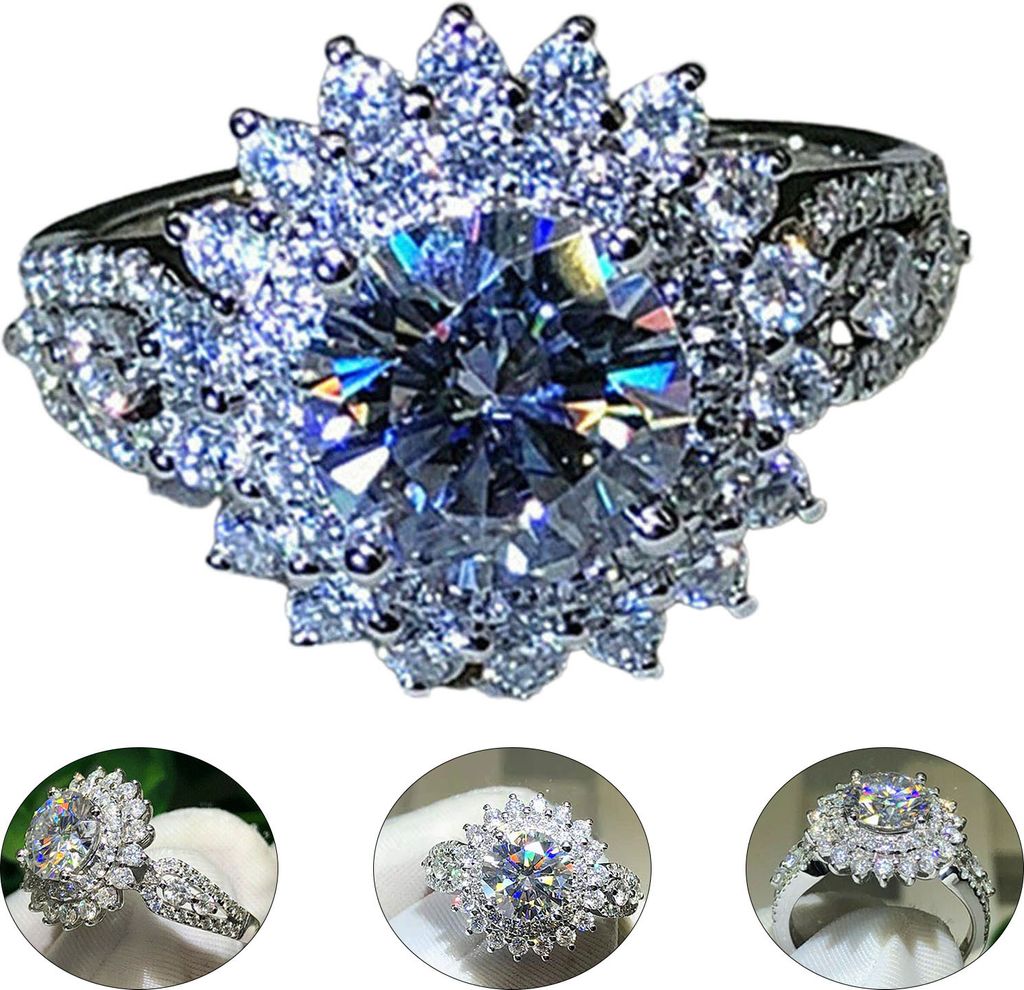 Damen-Ring, Blumenform, Strasssteine, Schmuck, leicht, modisches Aussehen, Fingerring für Hochzeit-Silber,US 9