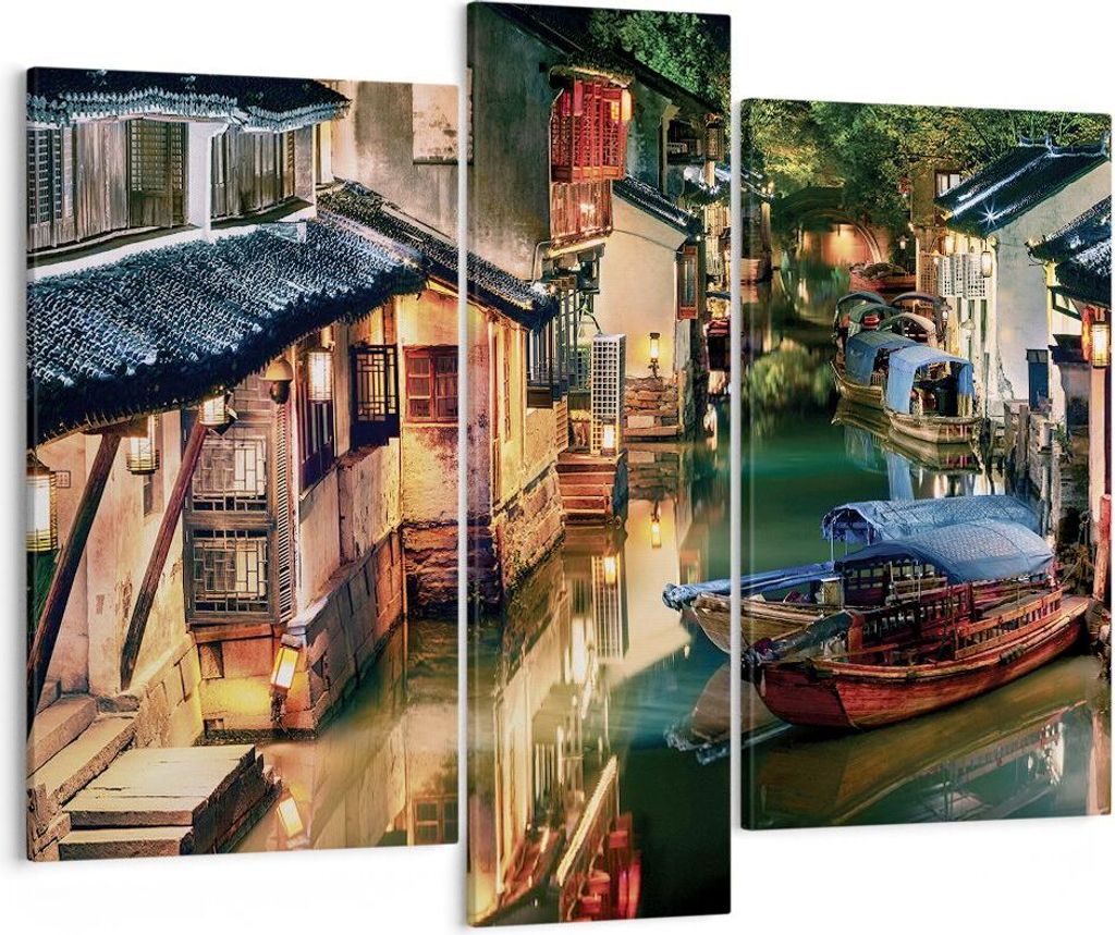 Bild auf Leinwand - Leinwandbild - 3 Teile - Chinesisch Stadt Nacht - 95x80cm - Wand Bild - Wanddeko - Wandbilder - Leinwanddruck - Bilder - Wandde...