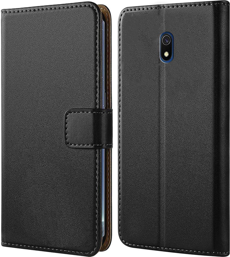 A black flip case for a smartphone is shown from two angles.