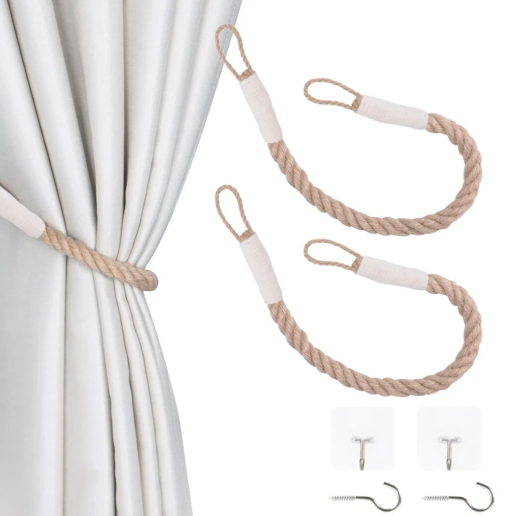 Attaches pour rideaux en corde de chanvre fait main beige - Lot de 2