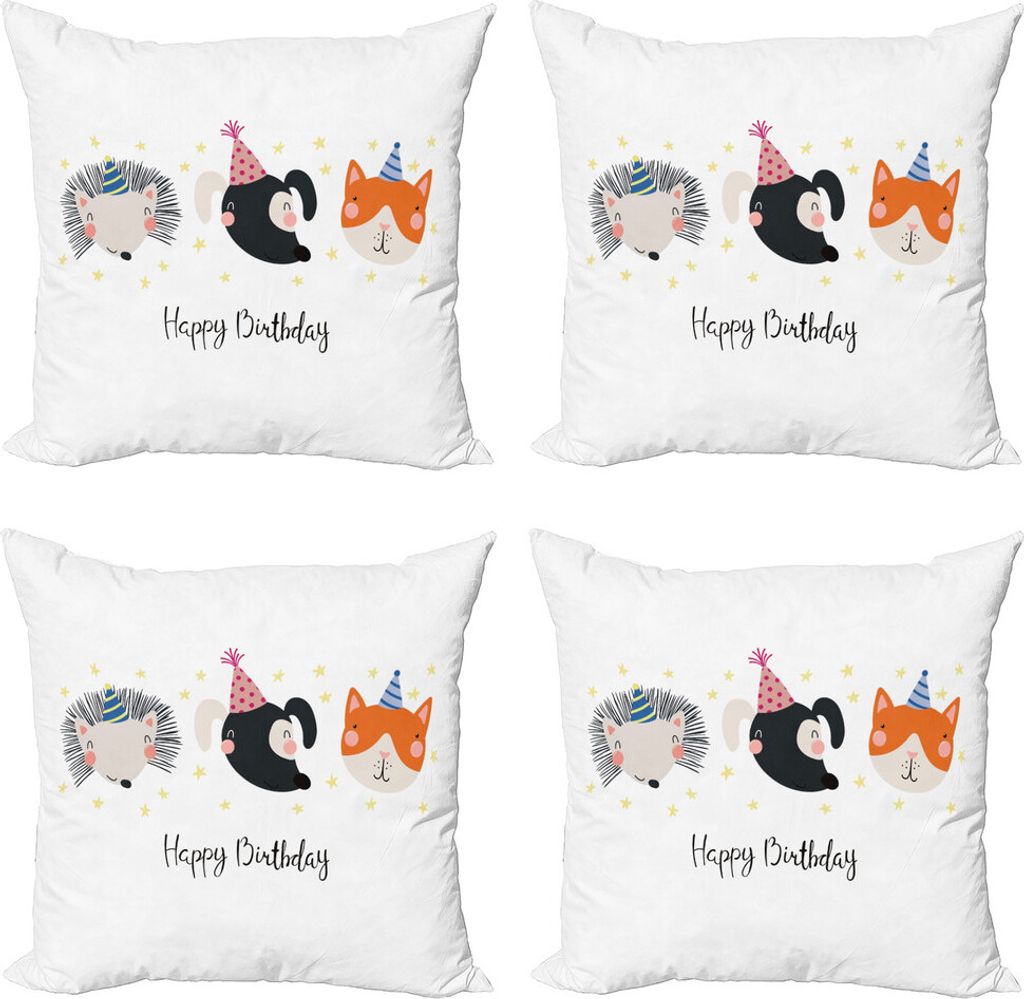 ABAKUHAUS Alles Gute zum Geburtstag Kissenbezug Set (4 Stück), Hedgehog Cat Cursive, Moderner Doppelseitiger Digitaldruck, 40 cm x 40 cm, Mehrfarbig