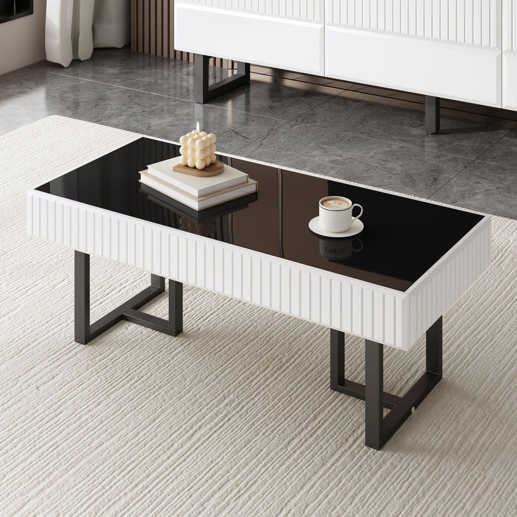 Merax moderner Couchtisch aus MDF und Metall, Wohnzimmertisch mit hochglänzende schwarze Tischplatte, minimalistisches-Design, Schwarz-Weiß