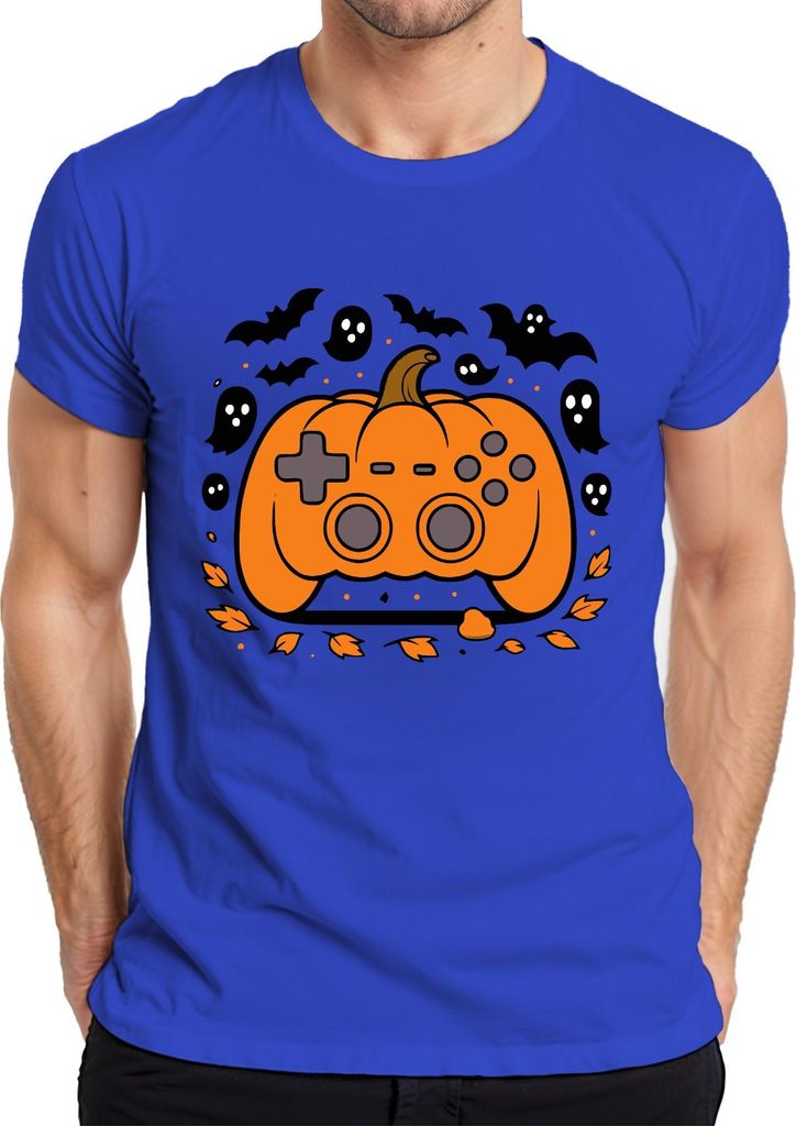 Halloween Kürbis Controller Gamer Geschenk Geister Herbst Zocker Herren T-Shirt, Blau, 3XL