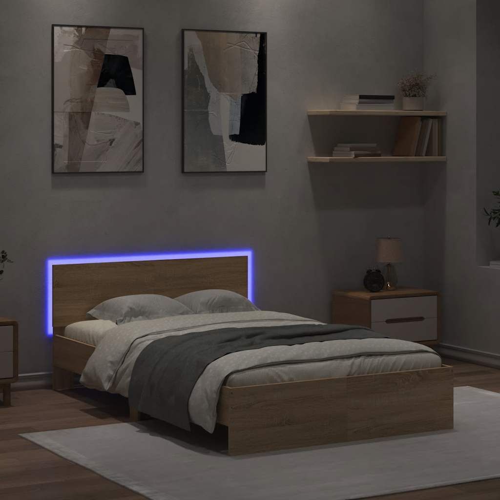 "2026 Aktion"Bettgestell - CLORIS - Doppelbett - Robust und langlebig - mit Kopfteil LED-Beleuchtung Sonoma-Eiche 140x190cm - Einfache Montage - - ...