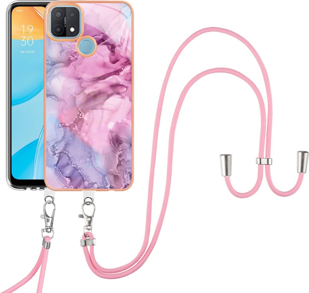 OPPO A15 / A15S Handykette Hülle, Muster TPU Bumper Schutzhülle mit verstellbarem Tragegurt für OPPO A15 / A15S Pink