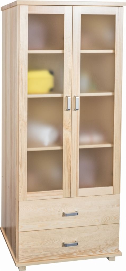 Vitrine / Kleiderschrank Columba 02 | Kiefer massiv | Farbe: Natur | 77 x 50 x 194 cm (L x T x H) | 4 Fächer | Milchglasscheiben | 2 Schubladen