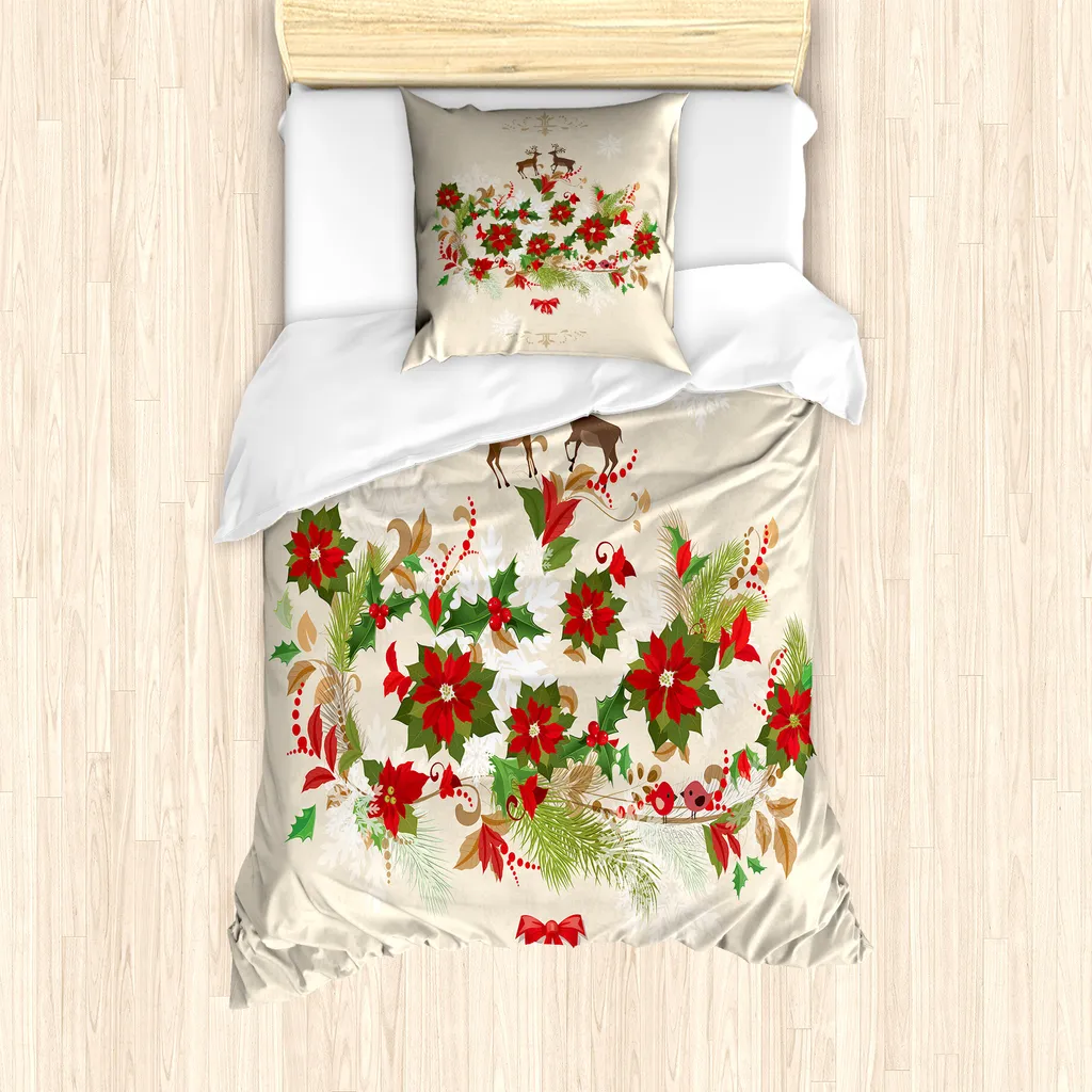 ABAKUHAUS Set copripiumino natalizio per letti singoli, motivo floreale Ren, antiacaro, adatto a chi soffre di allergie, con federa, 135 cm x 200 cm - 80 x 80 cm, multicolore