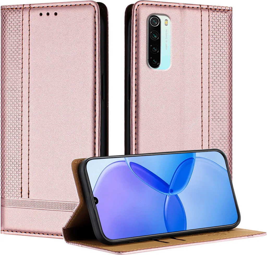 Custodia Elegante Rosa per Redmi Note 8 | Flip Cover in Pelle e Stand