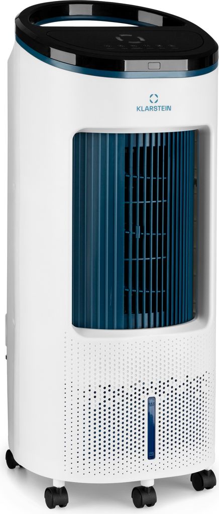 A tall, white portable air cooler with blue vertical slats and a black top.