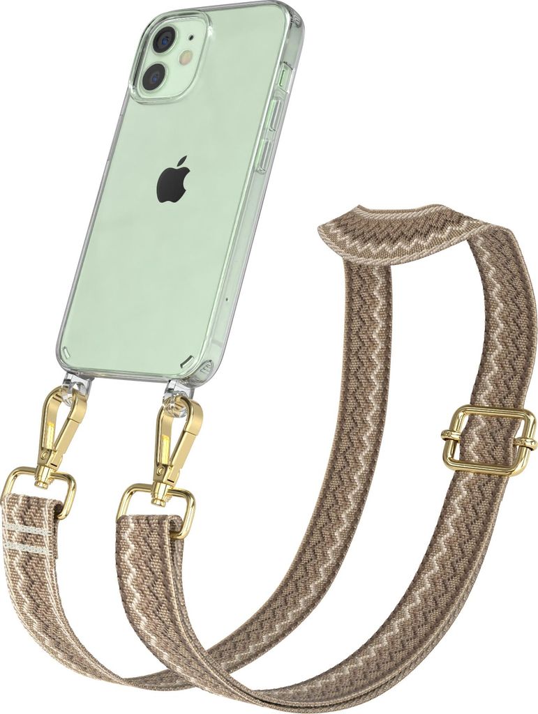 Apple iPhone 12 Mini Chain Eyelets Slim Neck Strap Set Wave Style 07 light Brown/Brown 01 Metall Gold