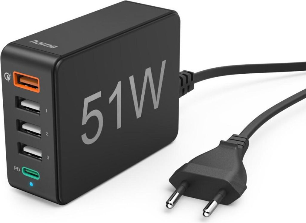 Ładowarka Hama z kablem sieciowym 4x USB/USB-C 51W Zdjęcie produktu 