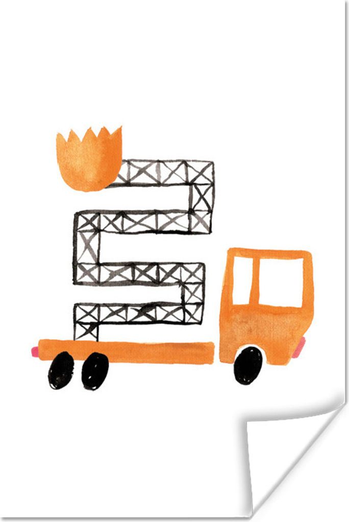 MuchoWow Poster Kinderillustration eines orangefarbenen Feuerwehrautos, hergestellt mit Gouache 80x120 cm - Papierdruck