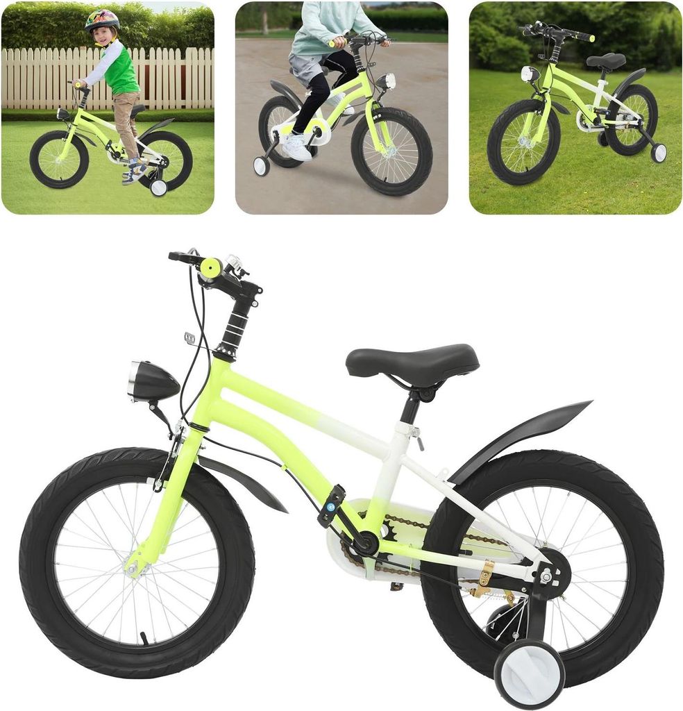 Kinderfahrrad - 40 cm Räder - Doppelbremse vorne/hinten - Stützräder - Frontscheinwerfer - Traglast 60 kg - Rahmen aus Kohlenstoffstahl - Grün