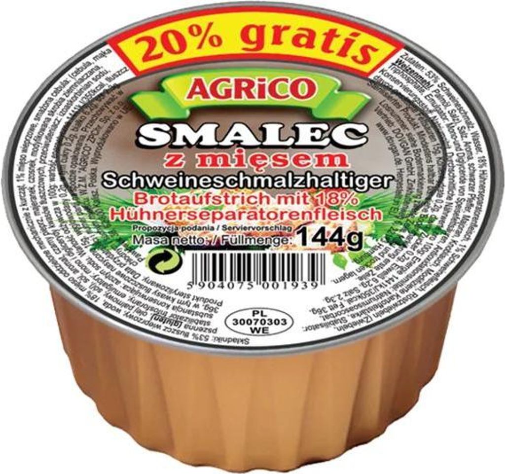 Agrico "Smalec z mięsem" Schweineschmalz 144g Produktbild 
