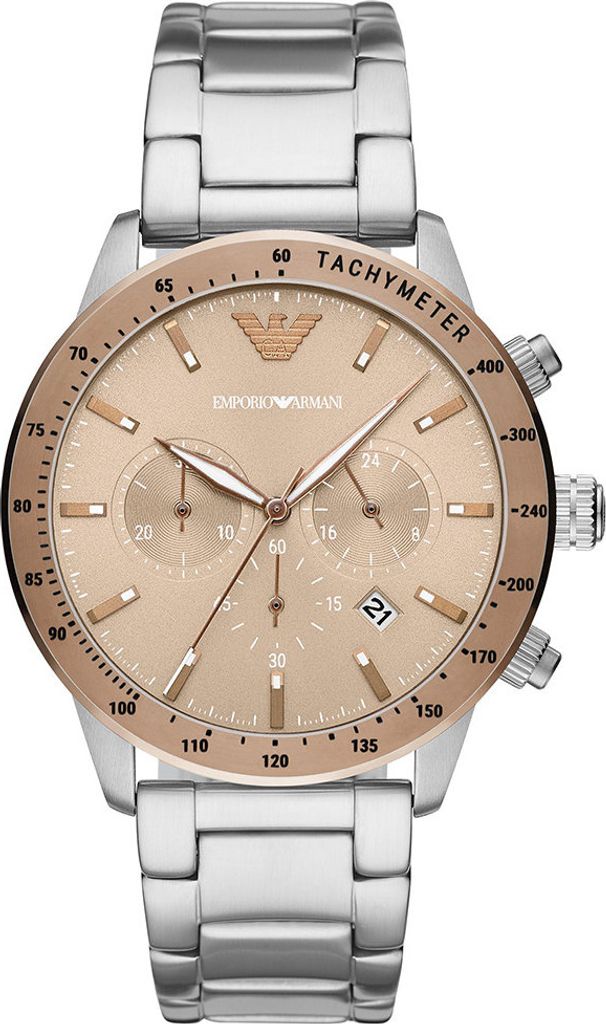 A close-up studio shot of an Emporio Armani watch against a white background.