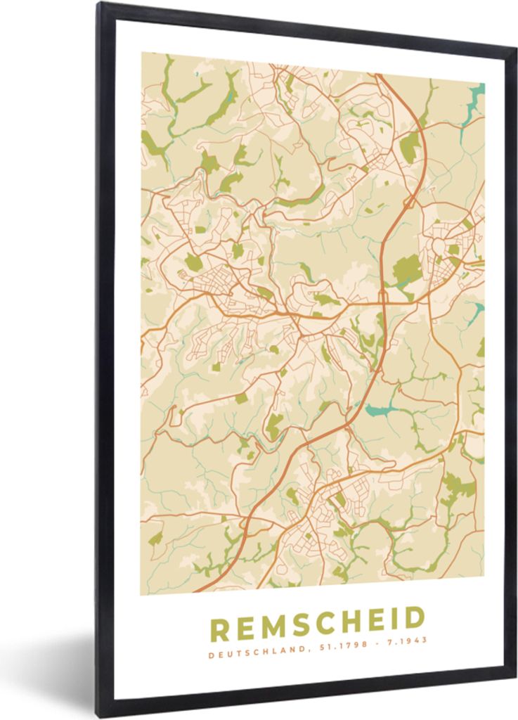 MuchoWow Gerahmtes Poster Stadtplan - Remscheid - vintage - Karte 20x30 cm - Poster mit Schwarzem Bilderrahmen Wandposter Rahmen Foto Bilder - Dr...