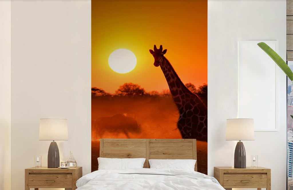 MuchoWow Fototapete für Wohnzimmer oder Schlafzimmer Wandtapete Vinyl Motivtapete Giraffe - Sonne - Savanne - 120x240 cm - Hintergrundbild