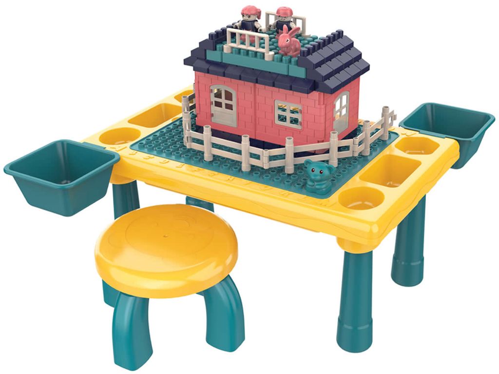 Spieltisch Kinder Spielzeug 76-tlg. mit Hocker Steckbausteinen Spielfiguren +3J