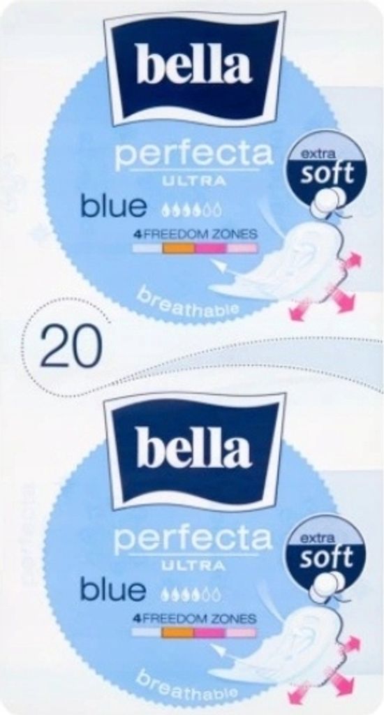 The image shows the packaging for Bella Perfecta Ultra Blue sanitary pads.