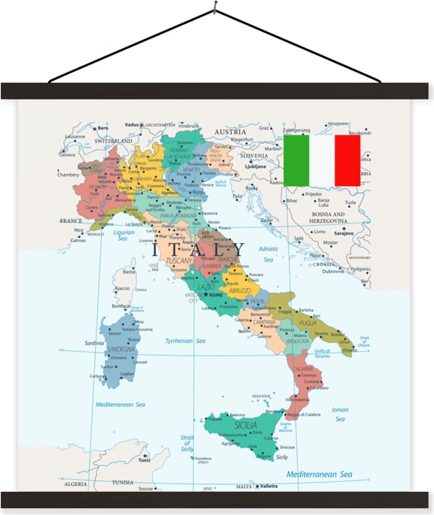 MuchoWow Textilposter Karte von Italien 90x90 cm mit schwarzem Rahmen - Magnetisches