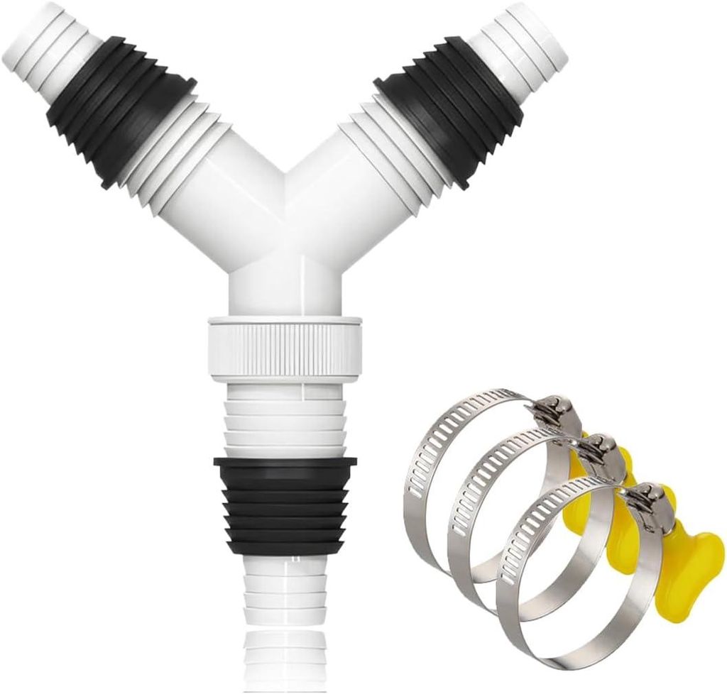 Doppelablaufadapter für Waschmaschinen, 20-31 mm Einlass, 36 mm Auslass, mit 3 Befestigungsklammern