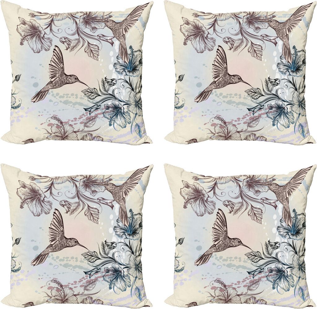 ABAKUHAUS Kolibri Kissenbezug Set (4 Stück), Vögel Hibiscus Flowers, Moderner Doppelseitiger Digitaldruck, 40 cm x 40 cm, Teal Brown