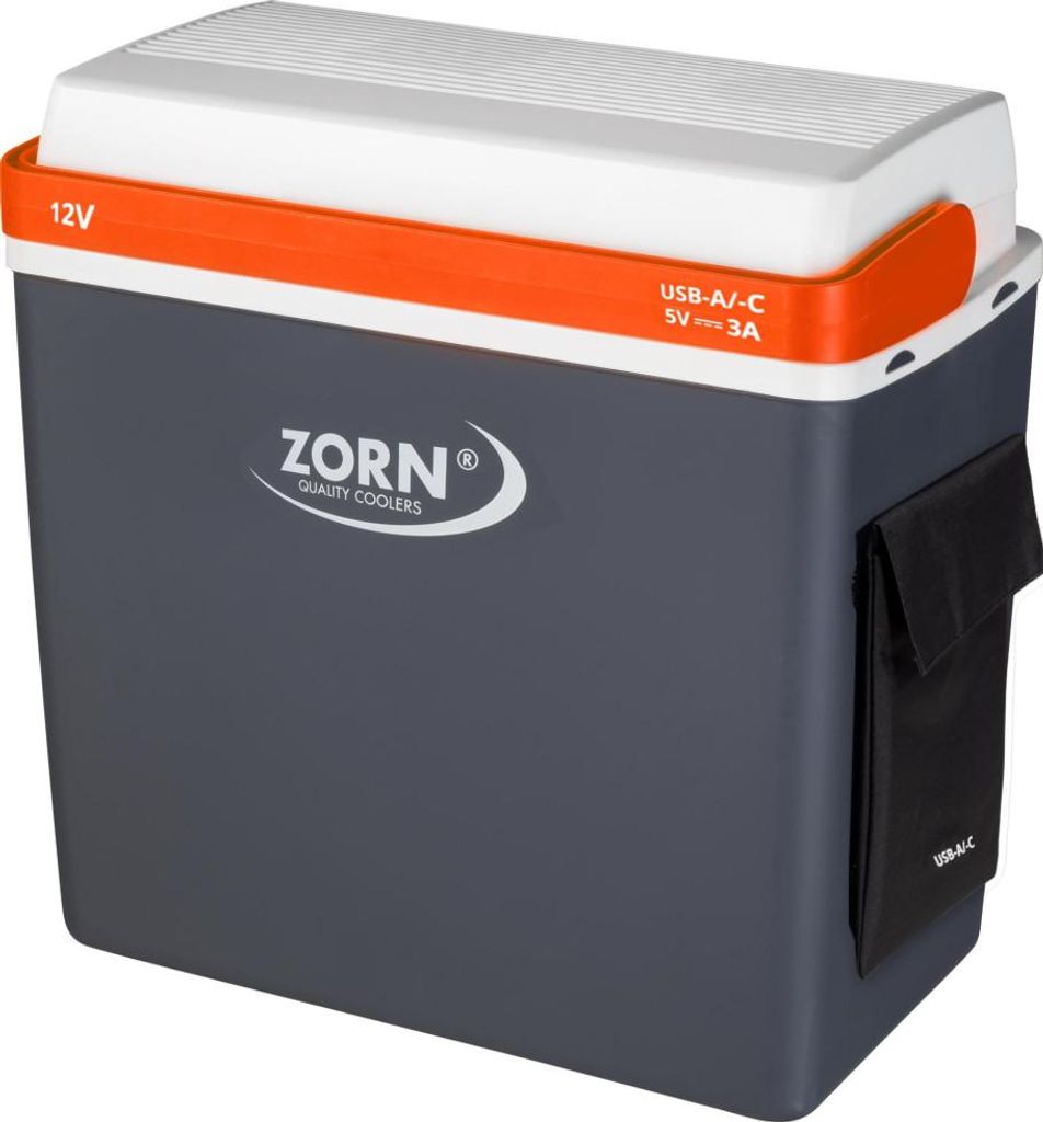 A gray, white, and orange Zorn electric cooler box with a USB-A/C port.