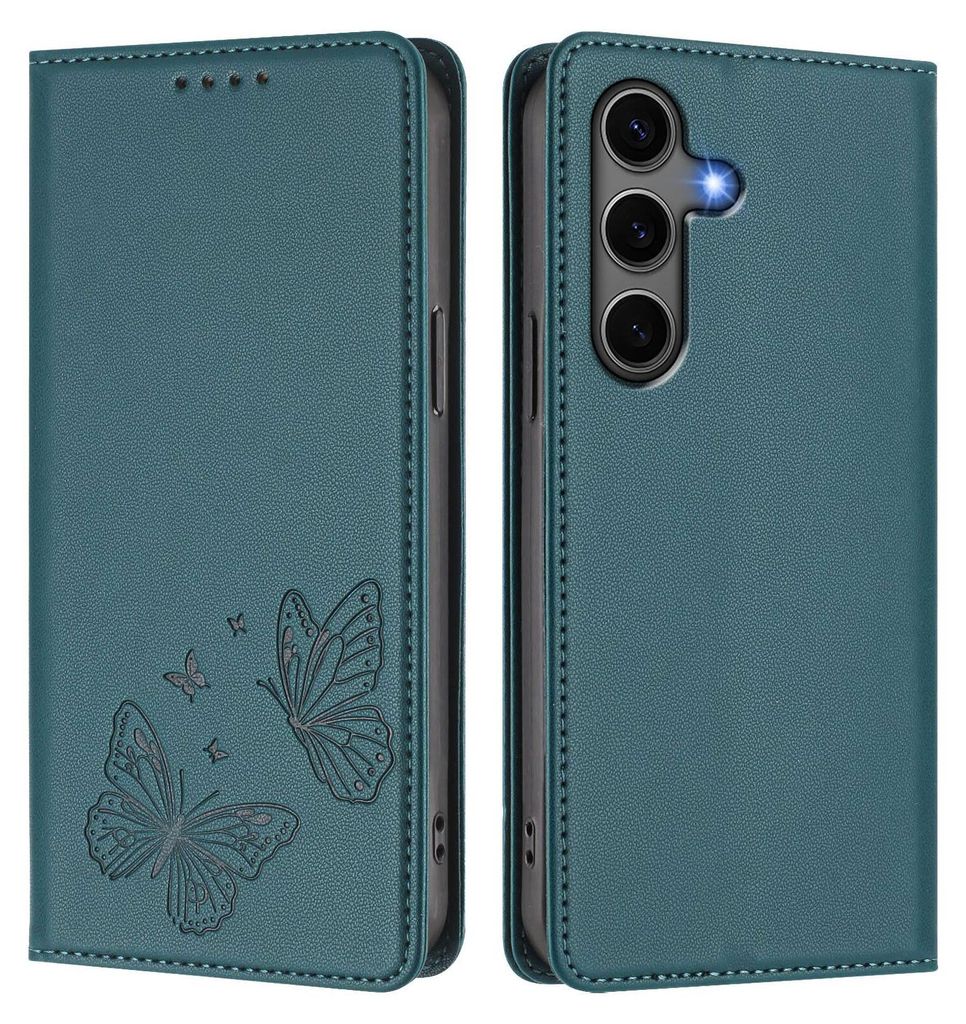 Lederhülle für Samsung Galaxy S25+ / S24+, Schmetterling Prägung Leder Brieftasche Schutzhülle mit Ständer Grün