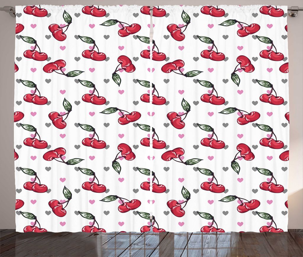 ABAKUHAUS Kirsche Rustikaler Gardine, Früchte auf Bicolor-Herzen, Wohnzimmer Universalband Gardinen mit Schlaufen und Haken, 280 x 225 cm, Dark Pi...