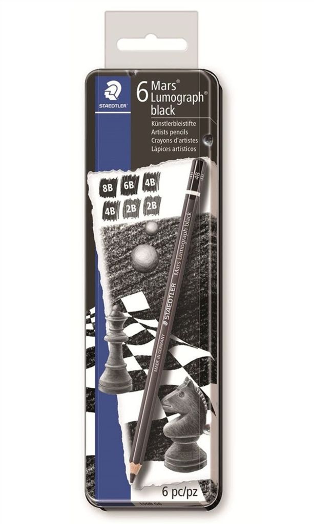 A product package for Staedtler Mars Lumograph black pencils, featuring a chess theme.