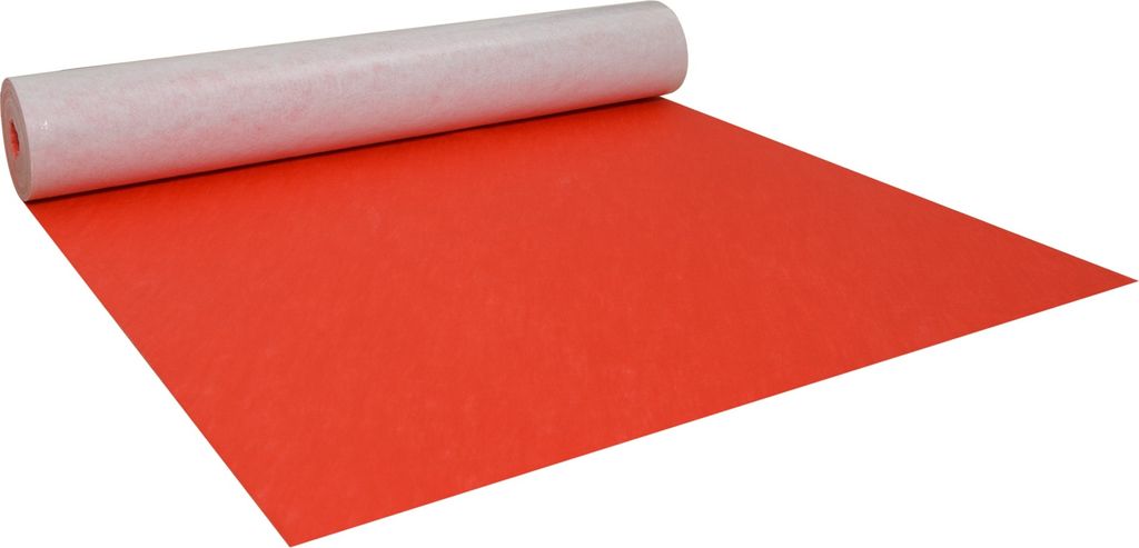 A roll of red protective fleece is partially unrolled on a white surface.
