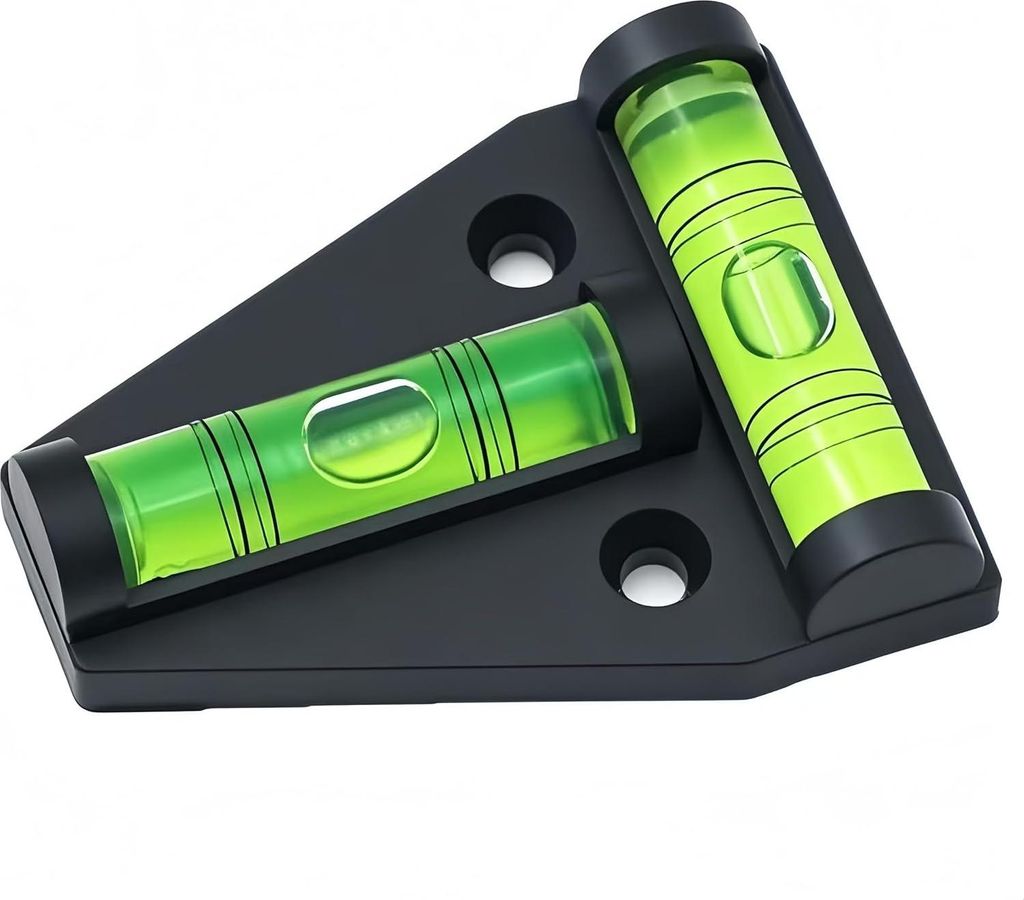 A black triangular base with two green bubble levels attached.