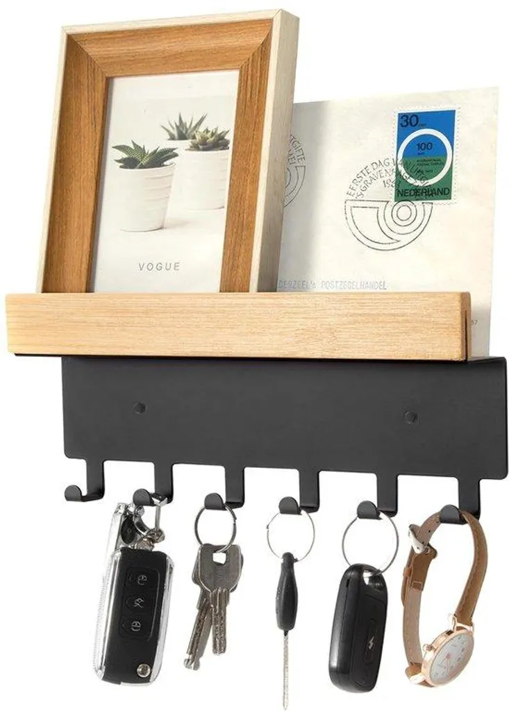 Porte-clés mural noir avec 6 crochets 26 cm pour entrée et maison