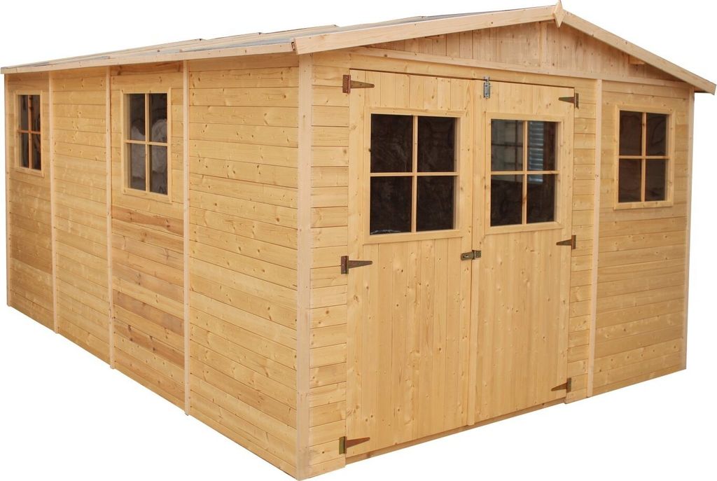 A wooden garden shed with double doors and windows.