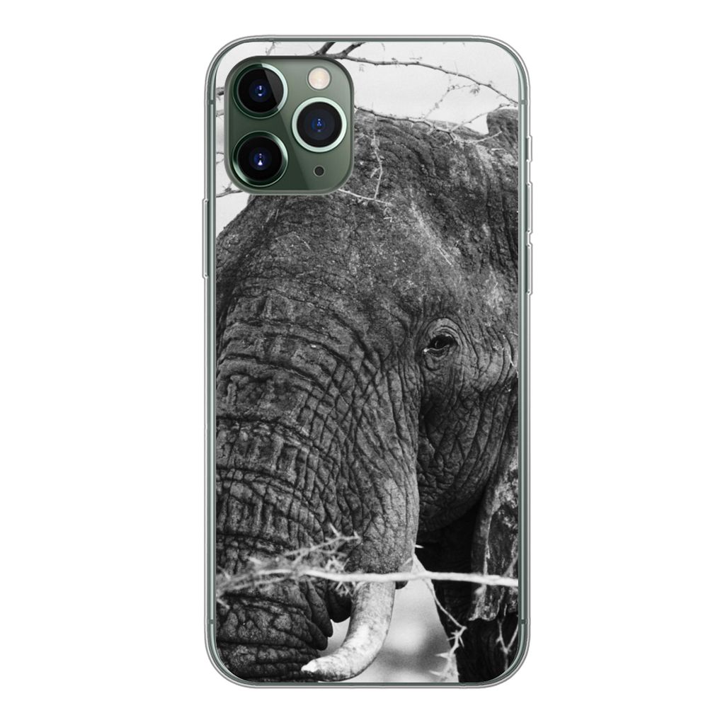 MuchoWow Handyhülle Schutzhülle Hülle für iPhone 11 Pro Elefant - Tiere - Äste - Natur - Schwarz und weiß Silikon Softcase Handy Hülle - H...