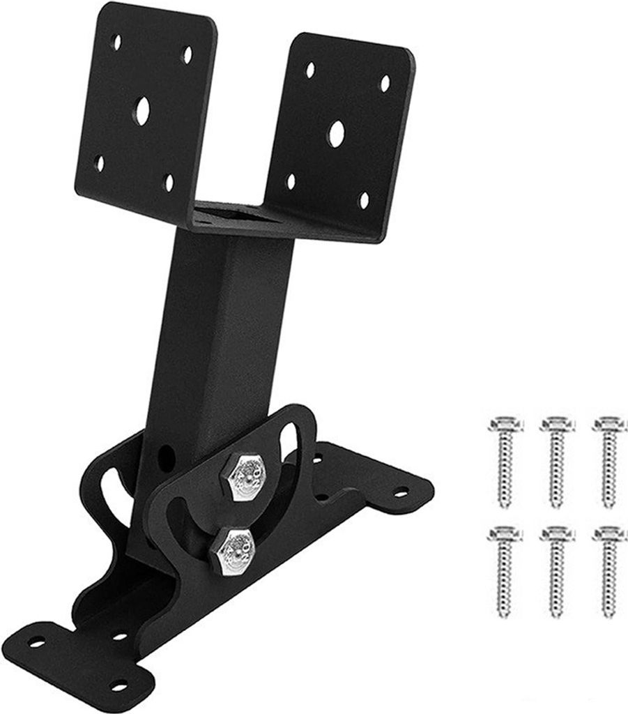 A black metal bracket and screws on a white background.