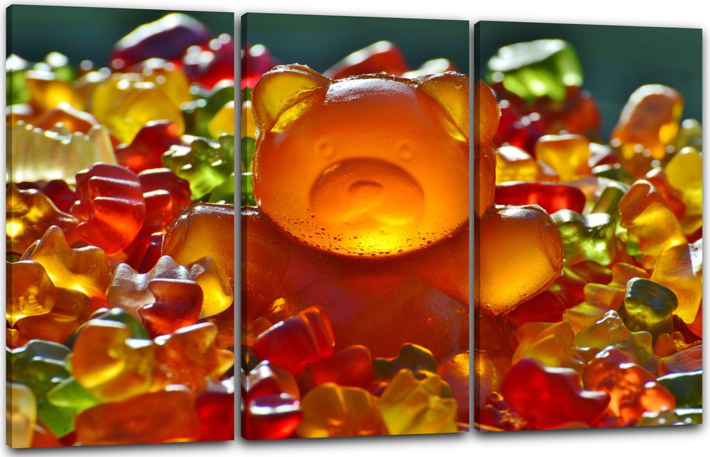 Leinwandbild 3-teilig (120x80cm): Wandbild großer Gummibär mit vielen kleinen Gummibären, echter Holz-Keilrahmen inkl. Aufhänger, handgefertigt...