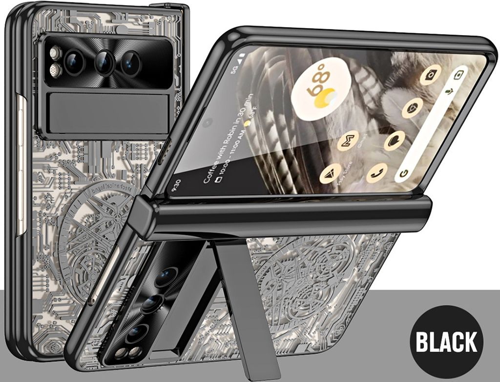 Google Pixel Fold Hülle, Luxus Galvanisierte Charnierschutz Kristallklare Schutzhülle mit Displayschutzfolie für Google Pixel Fold Schwarz