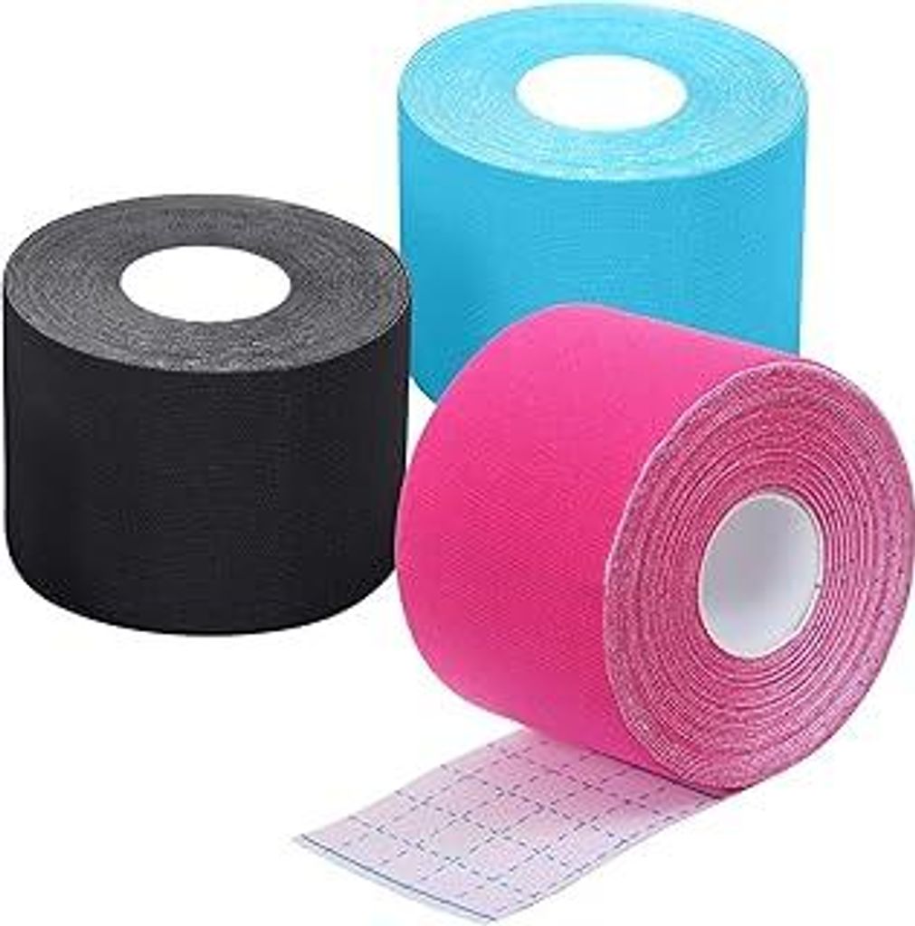 Kinesiologie Tape Sport (3 Rollen 5m), Elastisches Sporttape aus Baumwolle, Selbstklebend Tape für Muskeln und Gelenke, 5cm Breite (Blau & Schwarz...