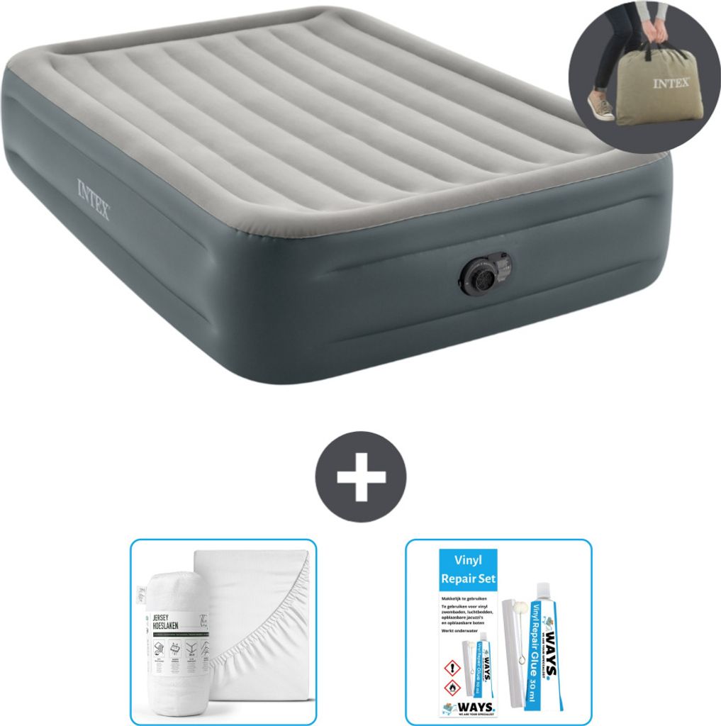 Intex Luftbett - 2 Personen - 152 x 203 x 46 cm - Grau - Inklusive Pumpe - Spannbettuch en Reperaturset