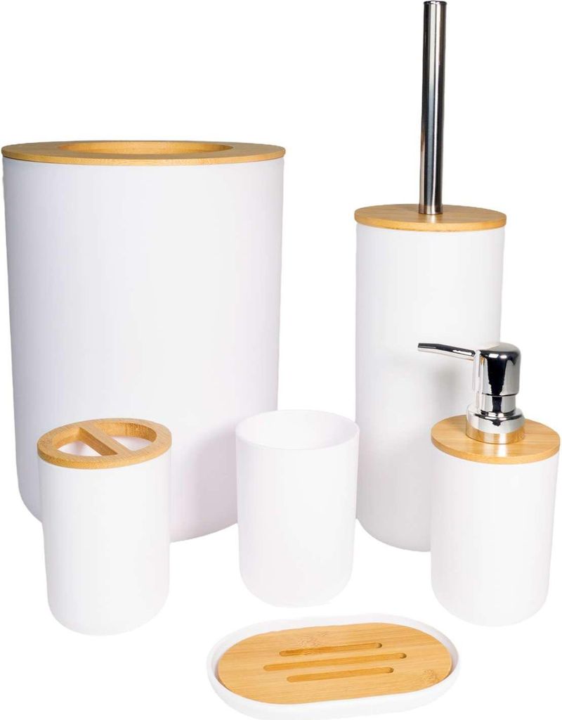 Intirilife Badezimmer Zubehör Set aus Bambus und Kunststoff in Weiß - 6 teiliges Set Zahnputzbecher Zahnbürstenbecher Seifenschale Seifenspender...