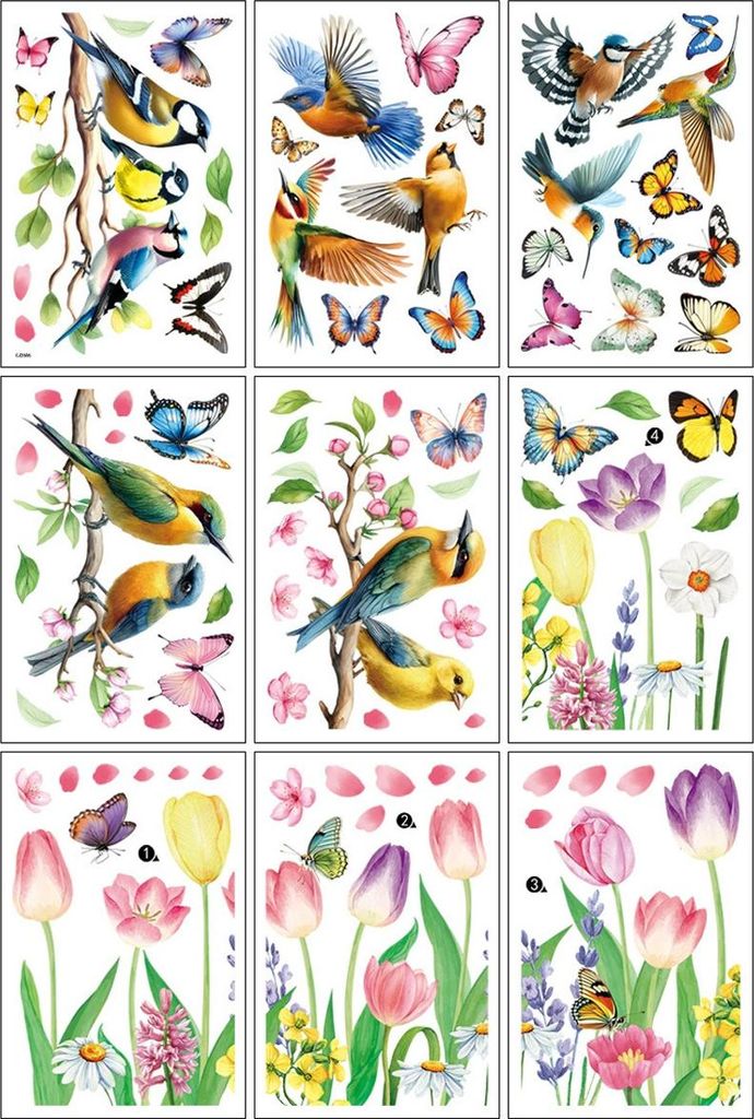 9er-Set Fensteraufkleber Tulpen, Schmetterlinge, Blumen und Produktbild 