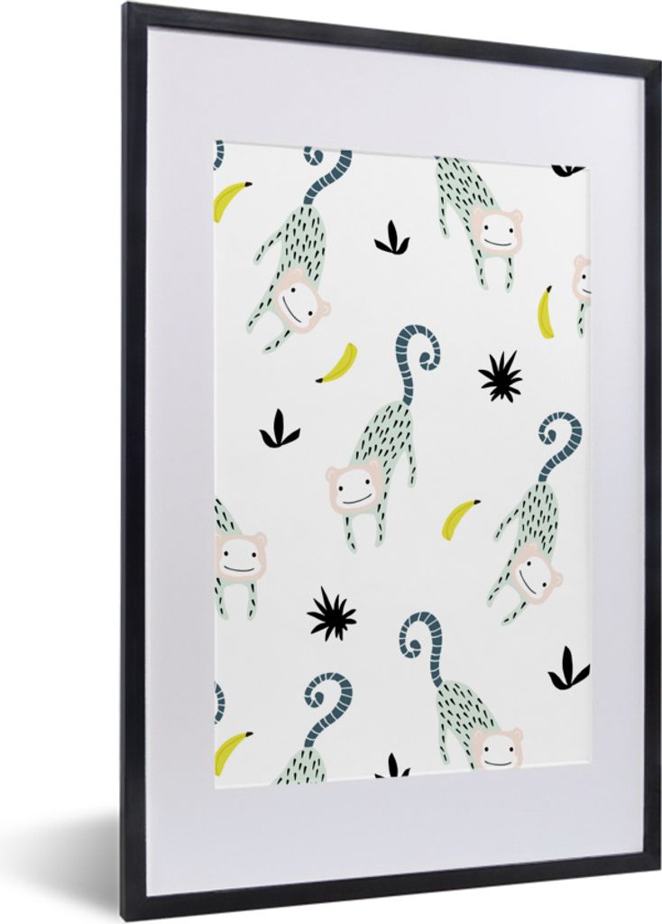 MuchoWow MuchoWow Gerahmtes Poster Affe - Banane - Muster 40x60 cm - Poster mit zchwarzem Bilderrahmen - Poster in Rahmen