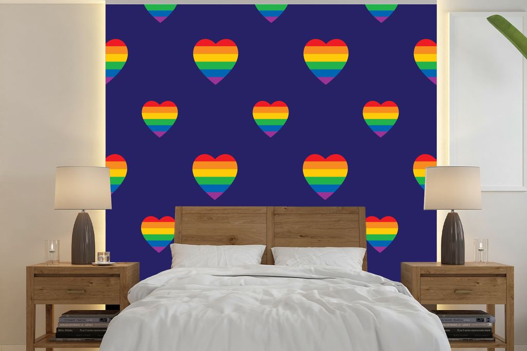 MuchoWow Fototapete für Wohnzimmer oder Schlafzimmer Wandtapete Vinyl Motivtapete Eine Illustration von Herzen in Regenbogenfarben auf einem lil...