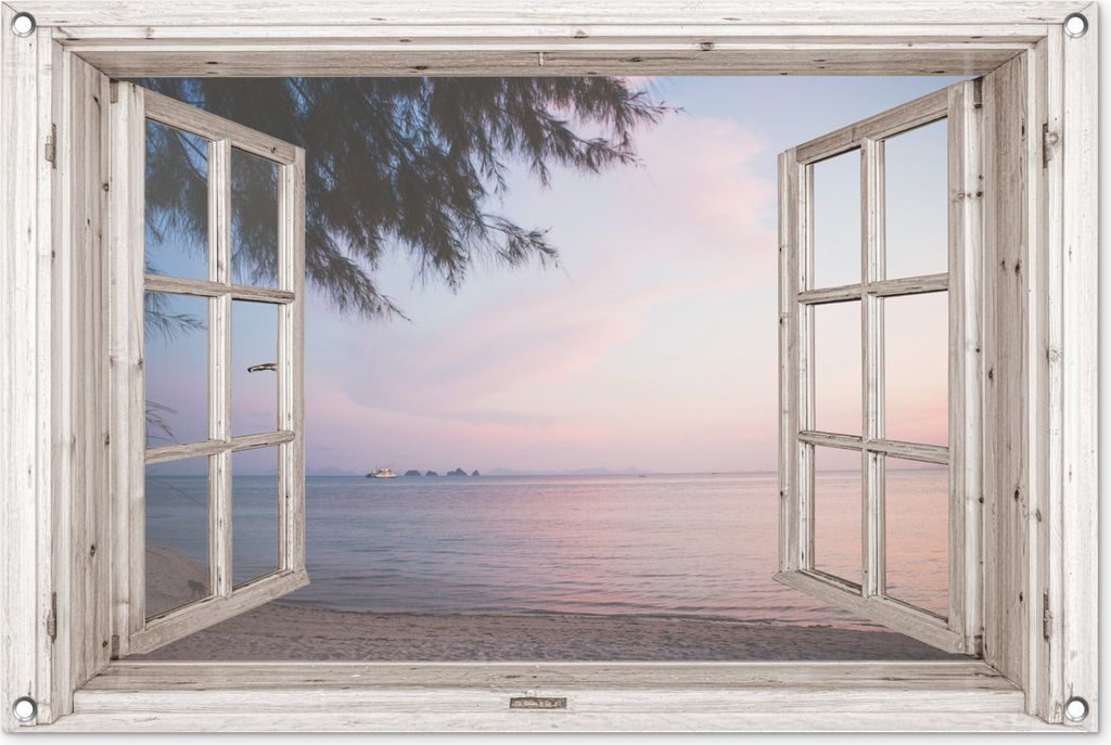 MuchoWow 90x60 cm Outdoor-Poster Gartendeko Sichtschutz Garten Poster für den Garten Aussicht - Strand - Palme
