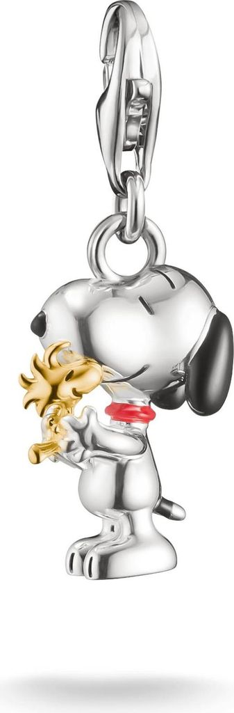 A silver charm of Snoopy holding Woodstock.