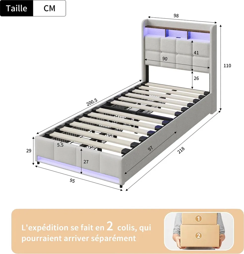 Lit avec rangement 90x200 cm beige en velours et 4 tiroirs intégrés